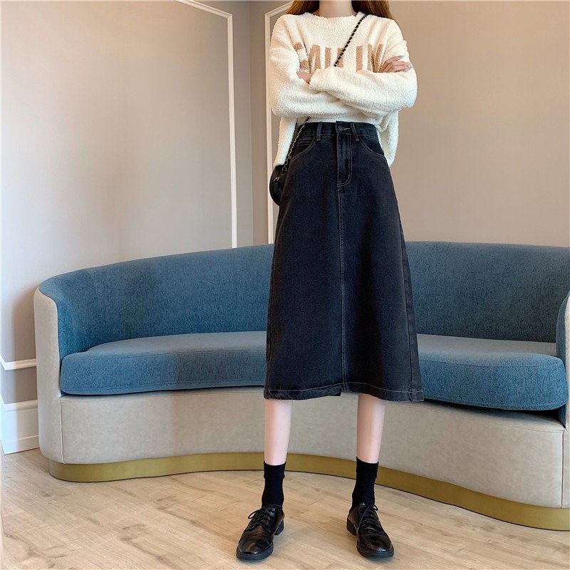 牛仔開叉半身裙秋冬女中長款2020新款韓版高腰顯瘦a字黑色包臀裙-細節圖7