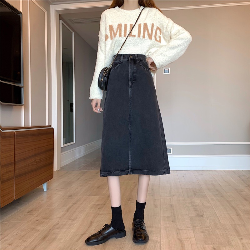 牛仔開叉半身裙秋冬女中長款2020新款韓版高腰顯瘦a字黑色包臀裙-細節圖9