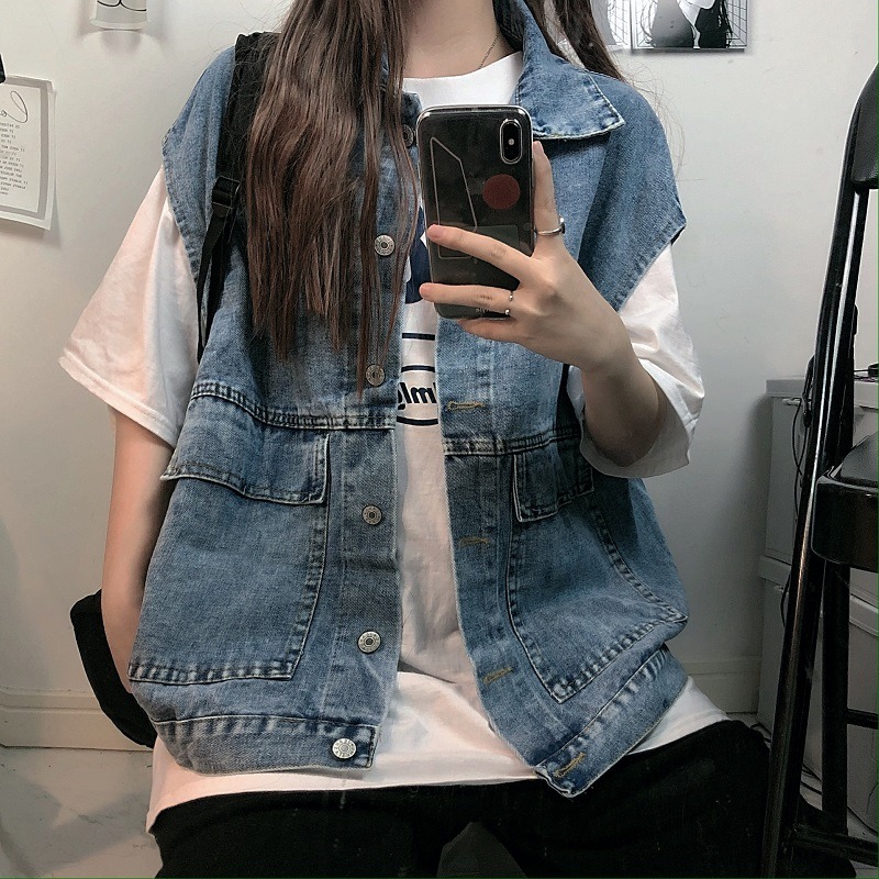 秋季2020年新款韓版ins復古工裝牛仔馬甲女寬松bf無袖單排扣口袋-細節圖3