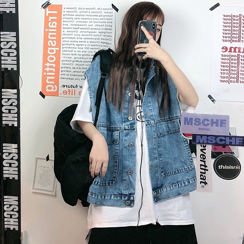 秋季2020年新款韓版ins復古工裝牛仔馬甲女寬松bf無袖單排扣口袋-細節圖4