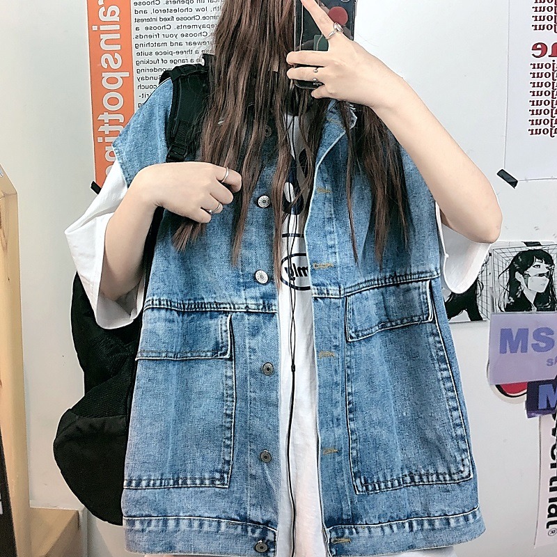 秋季2020年新款韓版ins復古工裝牛仔馬甲女寬松bf無袖單排扣口袋-細節圖5