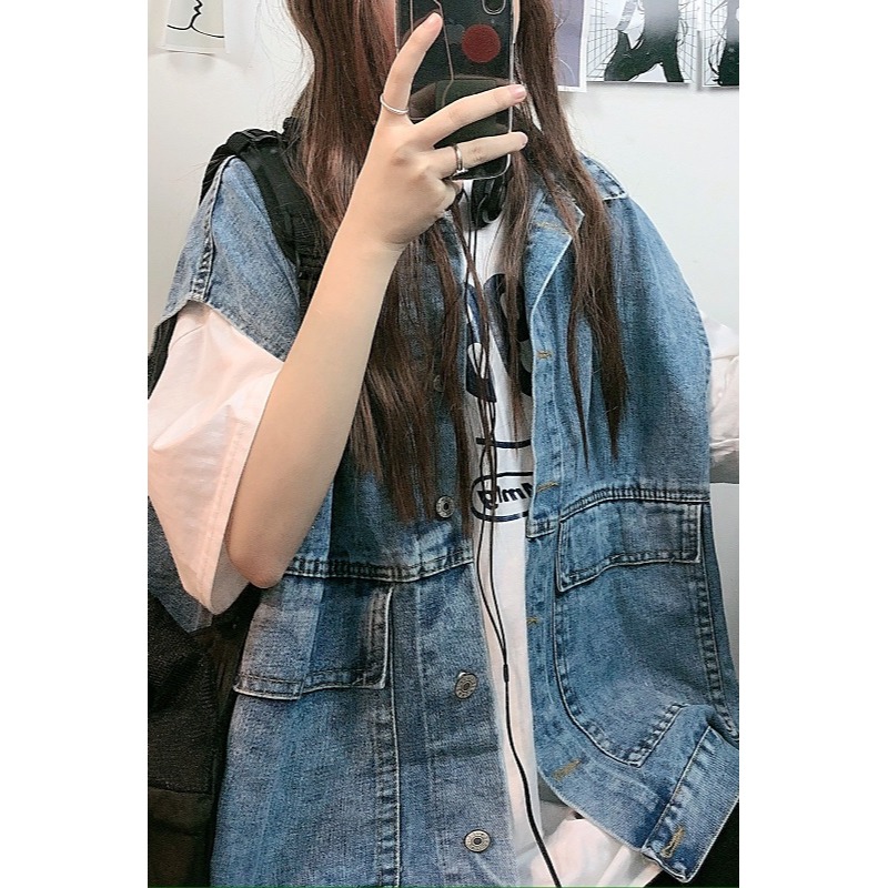 秋季2020年新款韓版ins復古工裝牛仔馬甲女寬松bf無袖單排扣口袋-細節圖6