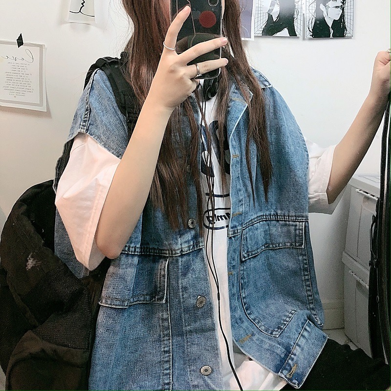秋季2020年新款韓版ins復古工裝牛仔馬甲女寬松bf無袖單排扣口袋-細節圖9