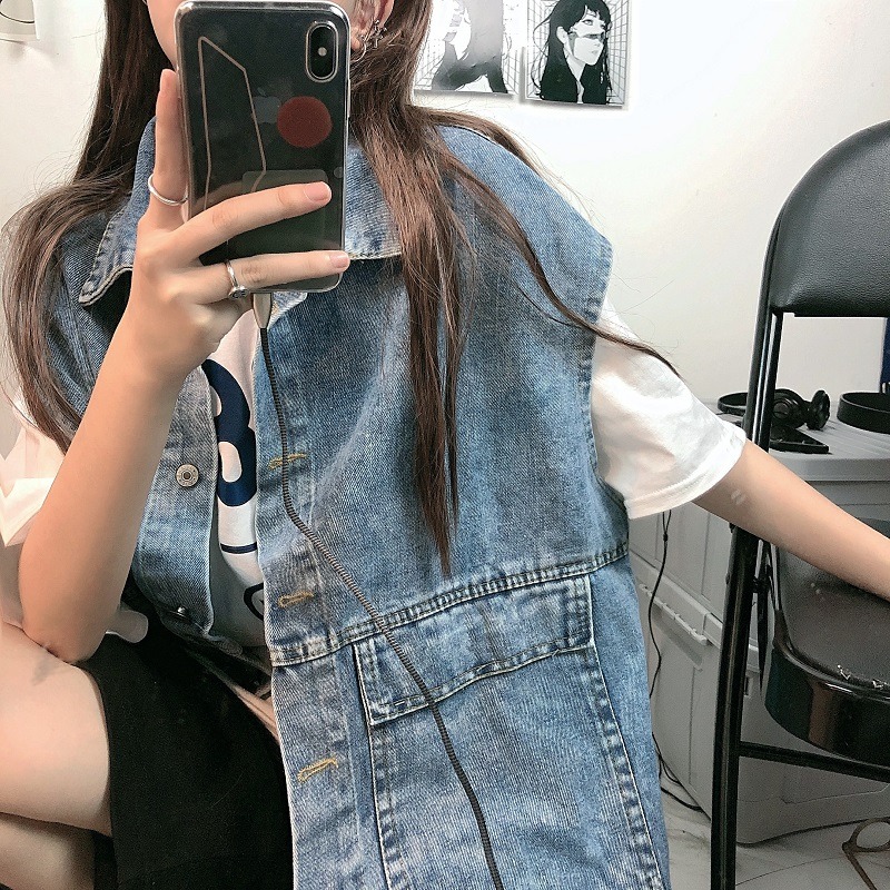 秋季2020年新款韓版ins復古工裝牛仔馬甲女寬松bf無袖單排扣口袋-細節圖10