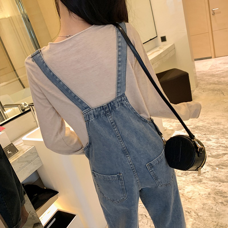 秋裝新款寬松牛仔背帶褲女春秋韓版大碼胖MM減齡吊帶九分闊腿褲子-細節圖4