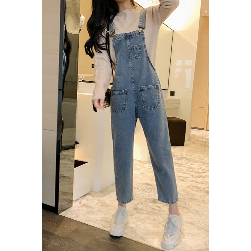 秋裝新款寬松牛仔背帶褲女春秋韓版大碼胖MM減齡吊帶九分闊腿褲子-細節圖6