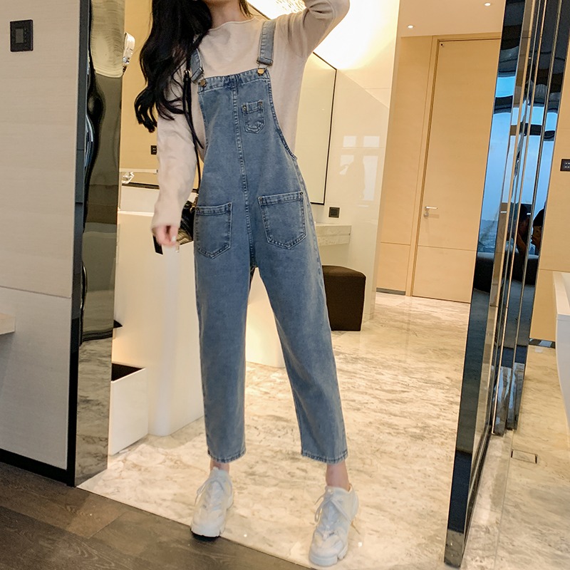秋裝新款寬松牛仔背帶褲女春秋韓版大碼胖MM減齡吊帶九分闊腿褲子-細節圖7