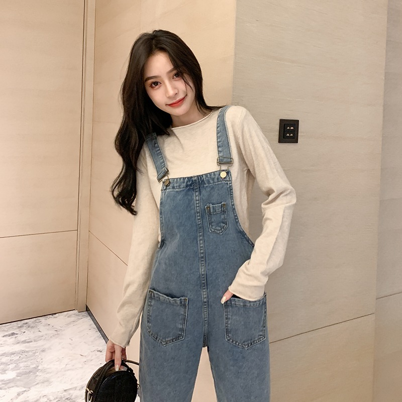 秋裝新款寬松牛仔背帶褲女春秋韓版大碼胖MM減齡吊帶九分闊腿褲子-細節圖10