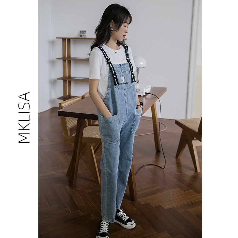 小雛菊減齡牛仔背帶褲女韓版寬松春季新款學生高腰長褲子-細節圖2