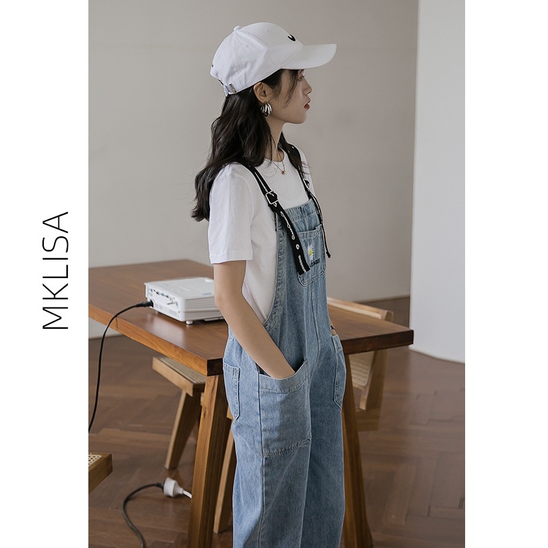 小雛菊減齡牛仔背帶褲女韓版寬松春季新款學生高腰長褲子-細節圖4