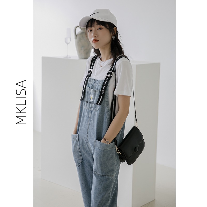小雛菊減齡牛仔背帶褲女韓版寬松春季新款學生高腰長褲子-細節圖5