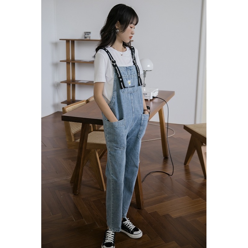 小雛菊減齡牛仔背帶褲女韓版寬松春季新款學生高腰長褲子-細節圖6