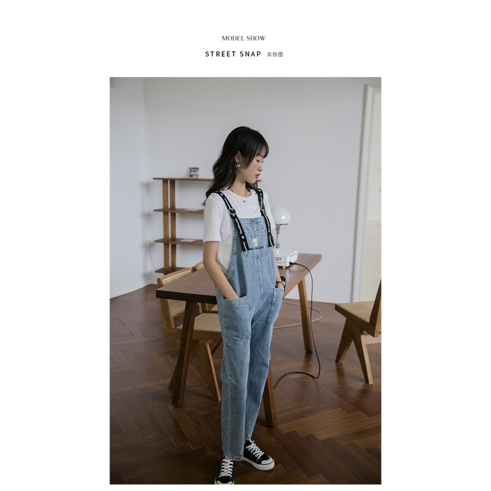 小雛菊減齡牛仔背帶褲女韓版寬松春季新款學生高腰長褲子-細節圖9
