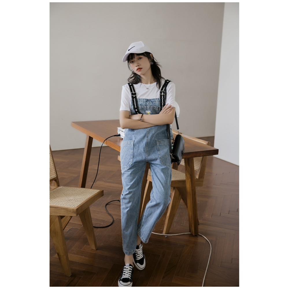 小雛菊減齡牛仔背帶褲女韓版寬松春季新款學生高腰長褲子-細節圖10