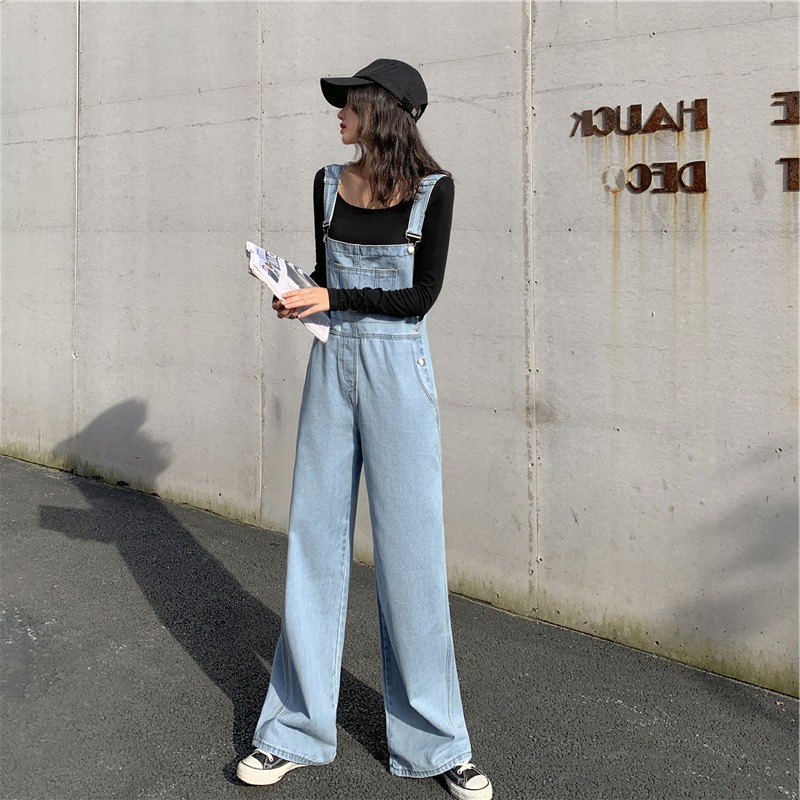 百搭減齡牛仔背帶褲直筒女寬松闊腿流行時尚高腰韓版連體褲潮-細節圖4
