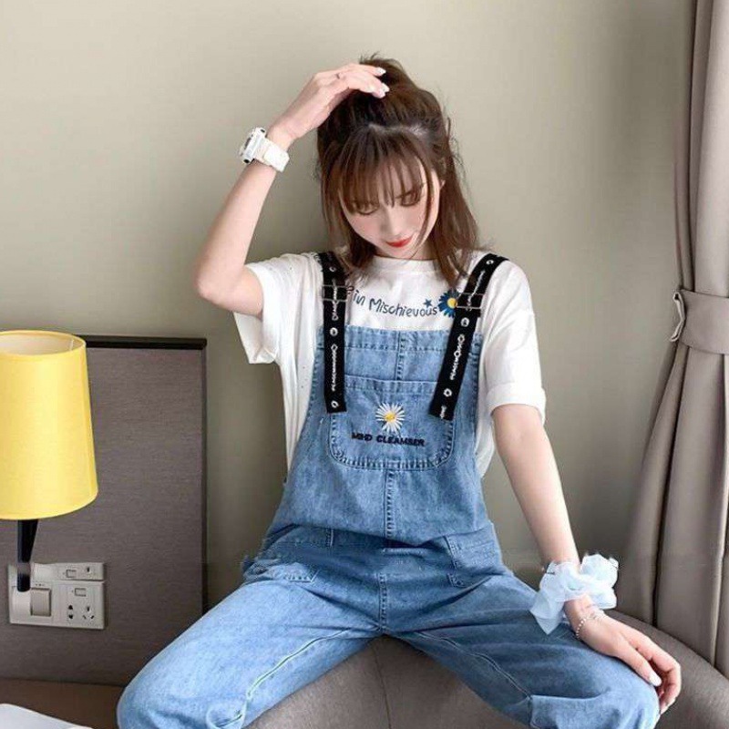 牛仔背帶褲女學生春季新款韓版寬松減齡小雛菊刺繡九分褲子潮-細節圖3
