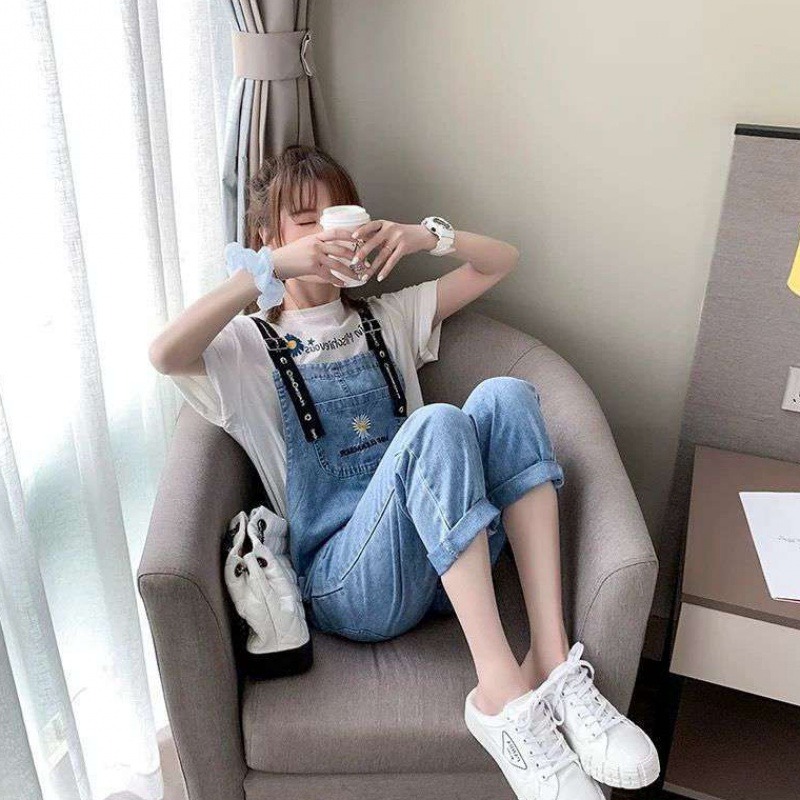 牛仔背帶褲女學生春季新款韓版寬松減齡小雛菊刺繡九分褲子潮-細節圖4