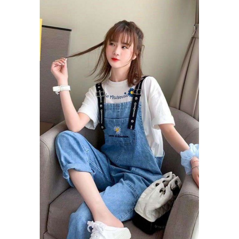 牛仔背帶褲女學生春季新款韓版寬松減齡小雛菊刺繡九分褲子潮-細節圖6