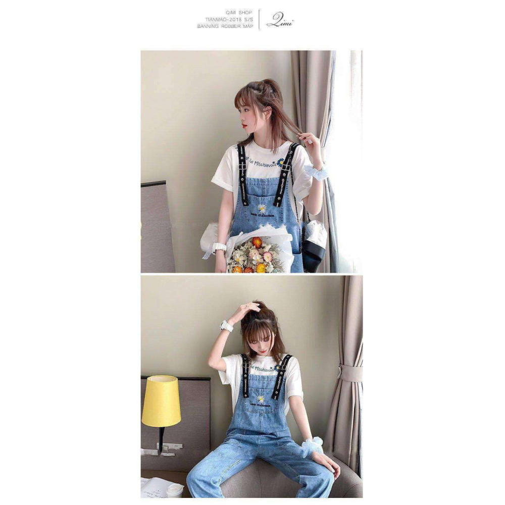 牛仔背帶褲女學生春季新款韓版寬松減齡小雛菊刺繡九分褲子潮-細節圖9