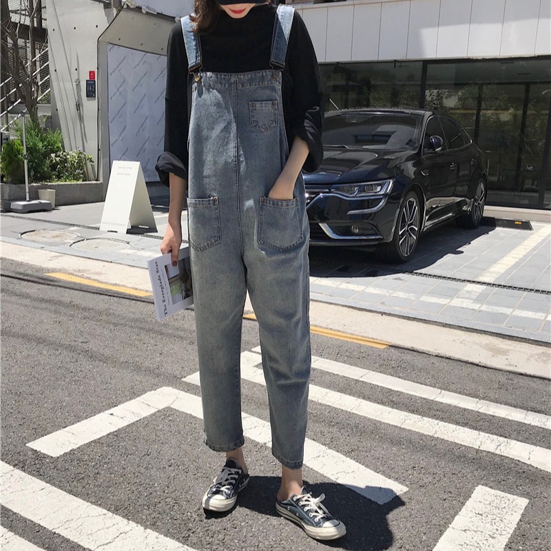 春季減齡牛仔背帶褲女學生韓版寬松顯高顯瘦九分褲小個子工裝褲子-細節圖2