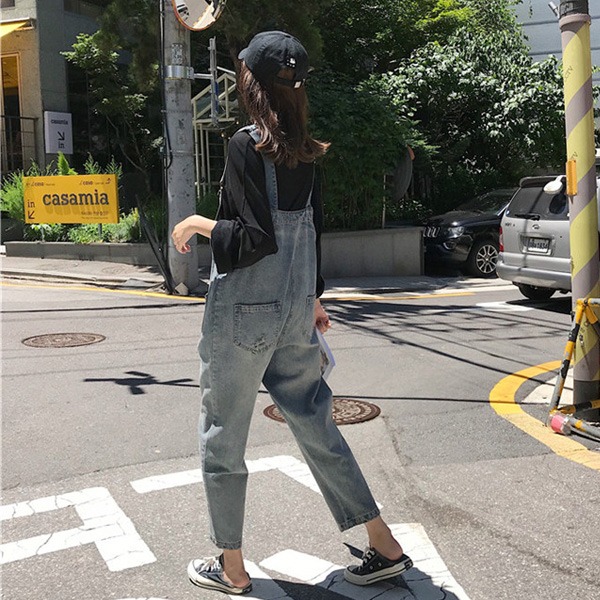 春季減齡牛仔背帶褲女學生韓版寬松顯高顯瘦九分褲小個子工裝褲子-細節圖3