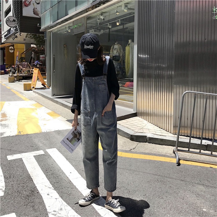 春季減齡牛仔背帶褲女學生韓版寬松顯高顯瘦九分褲小個子工裝褲子-細節圖4