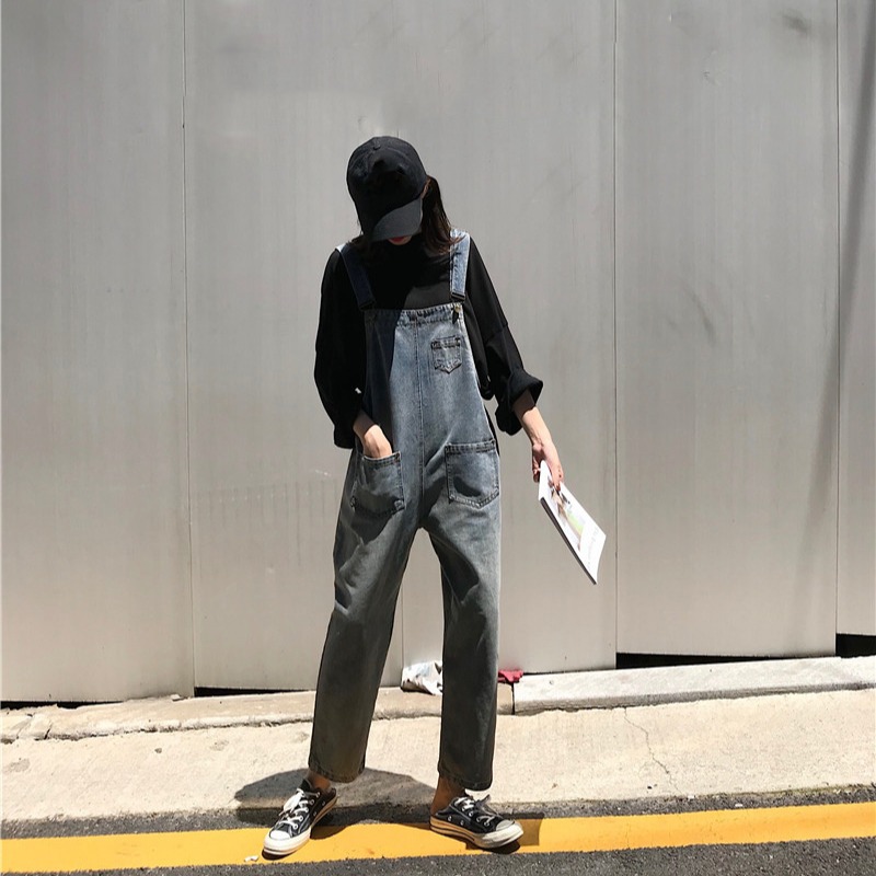 春季減齡牛仔背帶褲女學生韓版寬松顯高顯瘦九分褲小個子工裝褲子-細節圖5