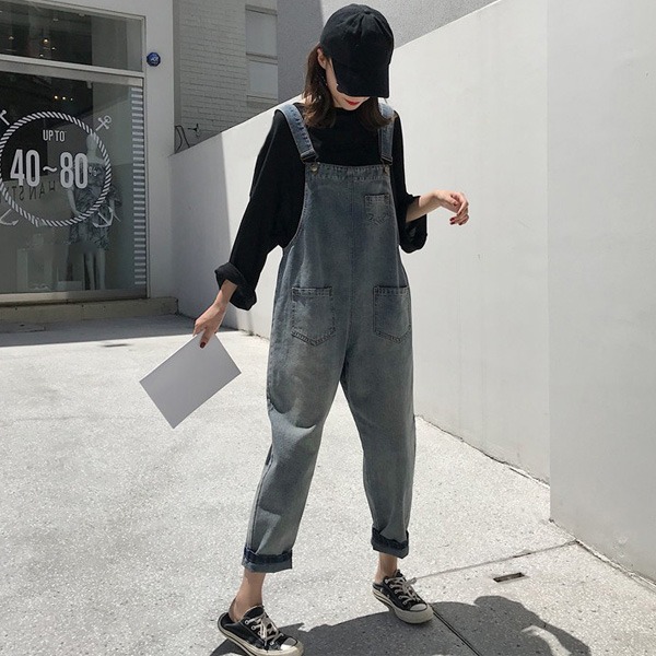 春季減齡牛仔背帶褲女學生韓版寬松顯高顯瘦九分褲小個子工裝褲子-細節圖6
