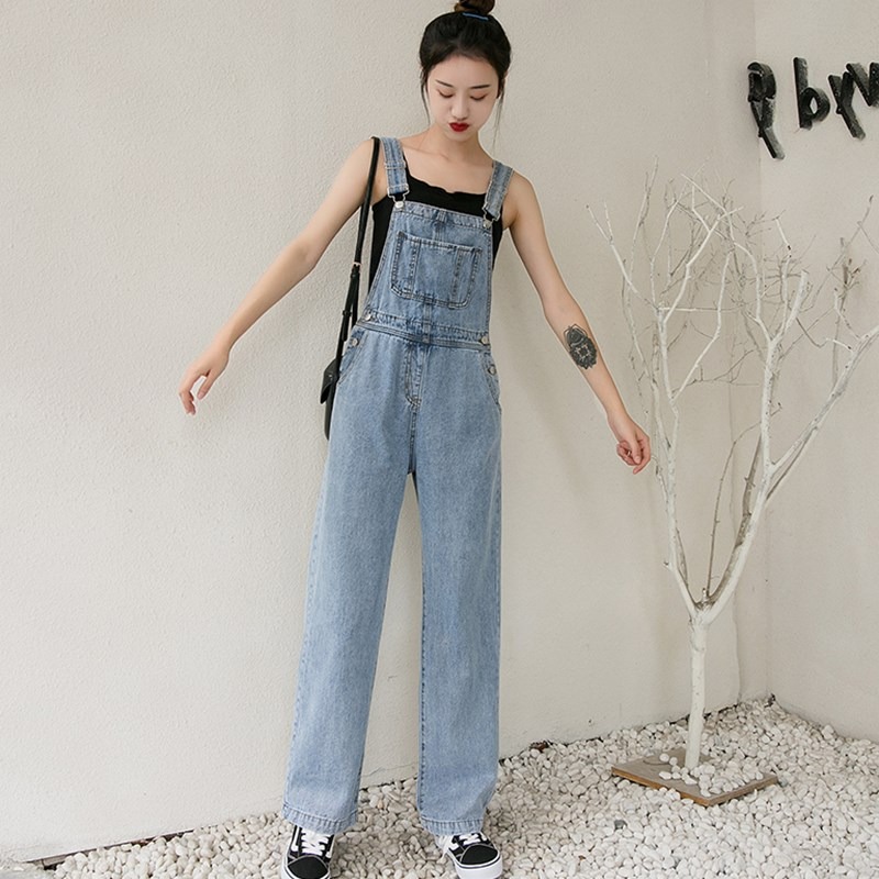 春裝新款高腰直筒牛仔褲洋氣減齡背帶褲女韓版寬松垂感闊腿長褲潮-細節圖4