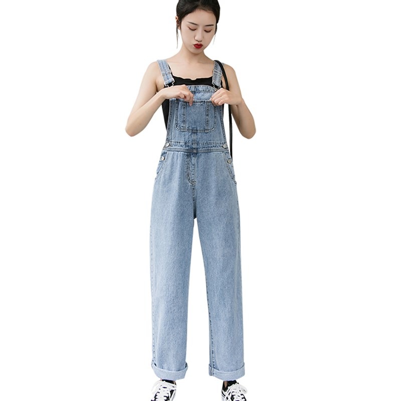 春裝新款高腰直筒牛仔褲洋氣減齡背帶褲女韓版寬松垂感闊腿長褲潮-細節圖5