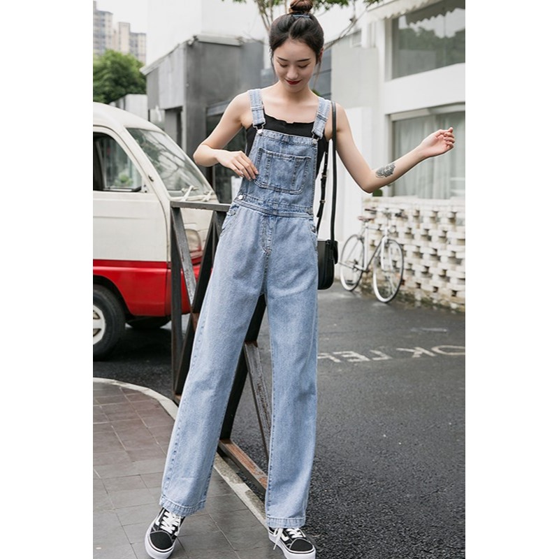春裝新款高腰直筒牛仔褲洋氣減齡背帶褲女韓版寬松垂感闊腿長褲潮-細節圖6
