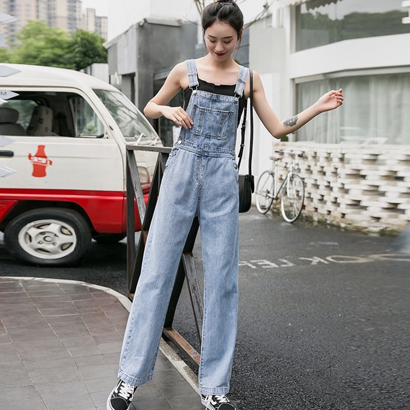 春裝新款高腰直筒牛仔褲洋氣減齡背帶褲女韓版寬松垂感闊腿長褲潮-細節圖7