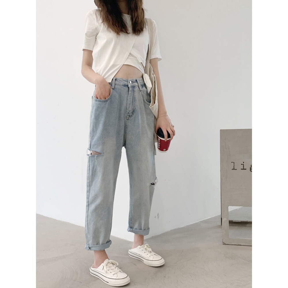 MSHI CLUB新款泫雅風老爹直筒高腰墜感破洞牛仔闊腿褲長褲女-細節圖3