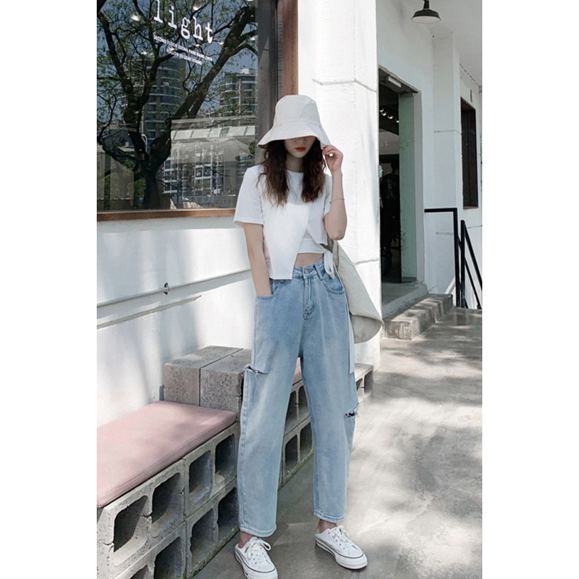 MSHI CLUB新款泫雅風老爹直筒高腰墜感破洞牛仔闊腿褲長褲女-細節圖6