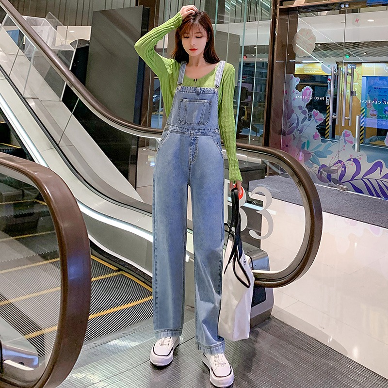 春季新款小個子牛仔背帶褲女修身顯瘦韓版寬松減齡直筒休閑褲-細節圖3