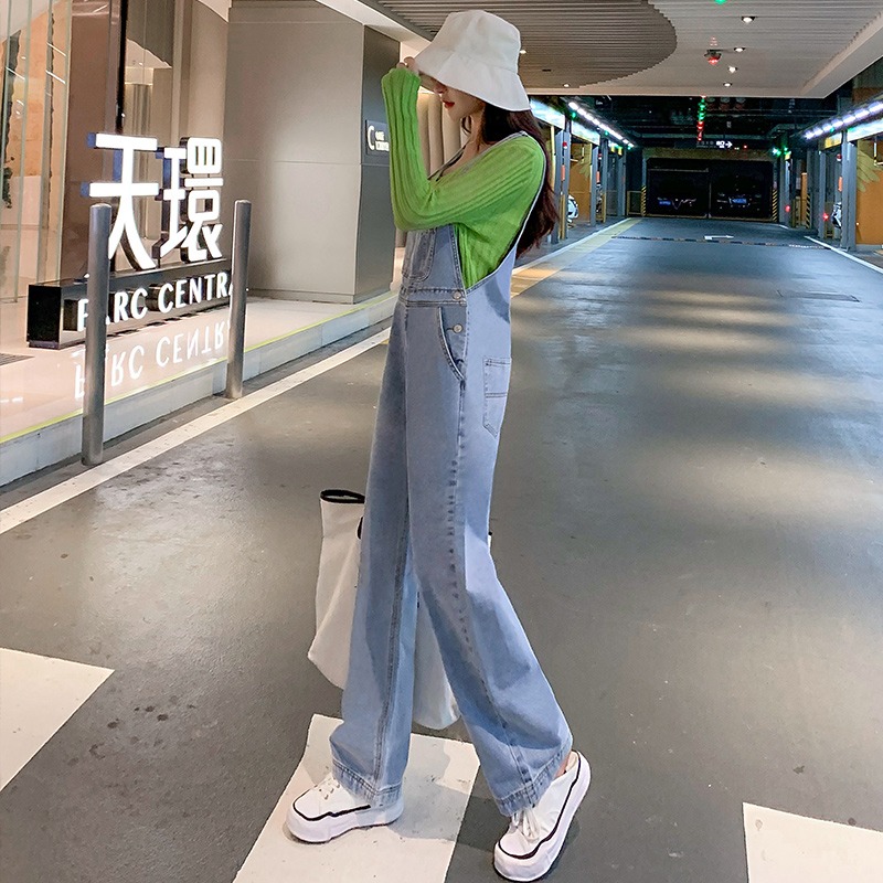 春季新款小個子牛仔背帶褲女修身顯瘦韓版寬松減齡直筒休閑褲-細節圖4