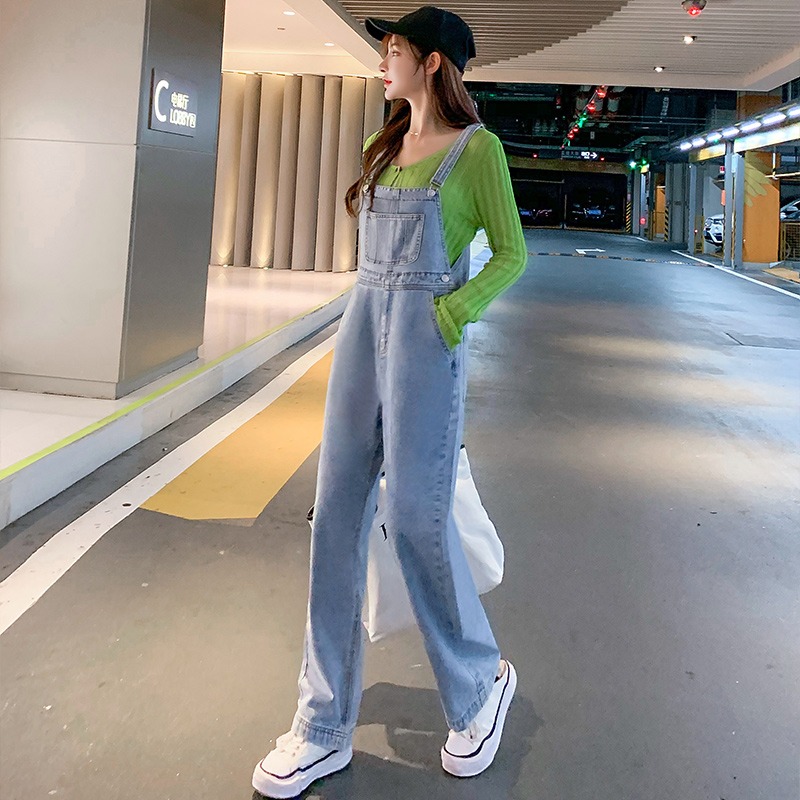 春季新款小個子牛仔背帶褲女修身顯瘦韓版寬松減齡直筒休閑褲-細節圖5