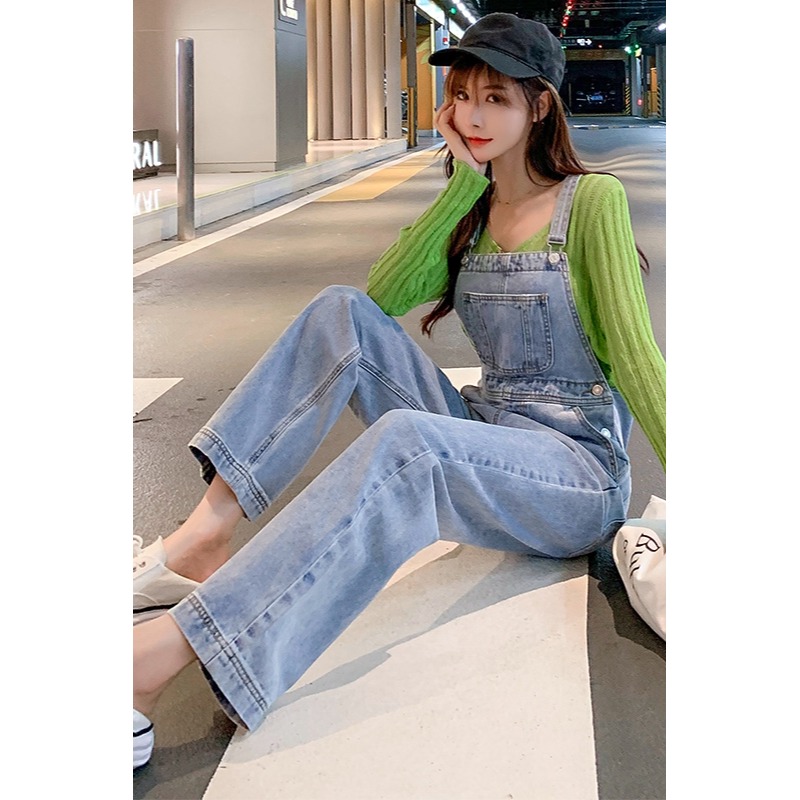 春季新款小個子牛仔背帶褲女修身顯瘦韓版寬松減齡直筒休閑褲-細節圖6