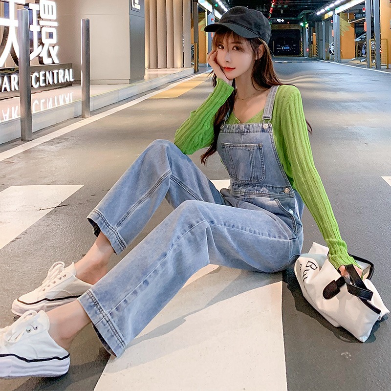 春季新款小個子牛仔背帶褲女修身顯瘦韓版寬松減齡直筒休閑褲-細節圖7