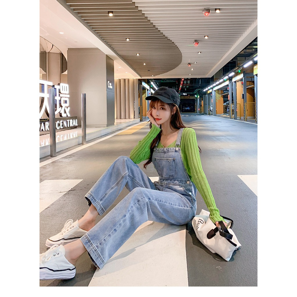 春季新款小個子牛仔背帶褲女修身顯瘦韓版寬松減齡直筒休閑褲-細節圖9