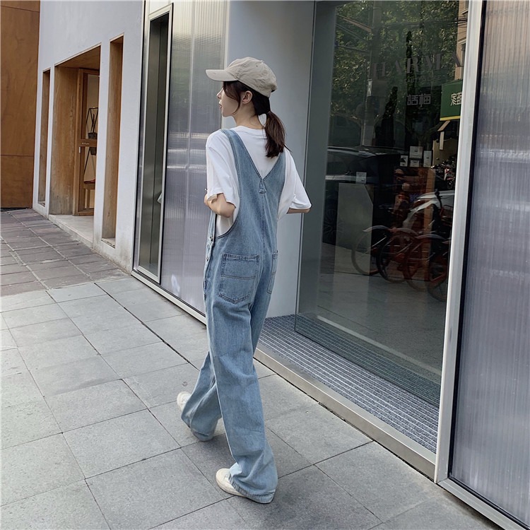 SIXONE六一年春季新款闊腿顯瘦牛仔背帶褲女韓版寬松長褲減齡-細節圖7
