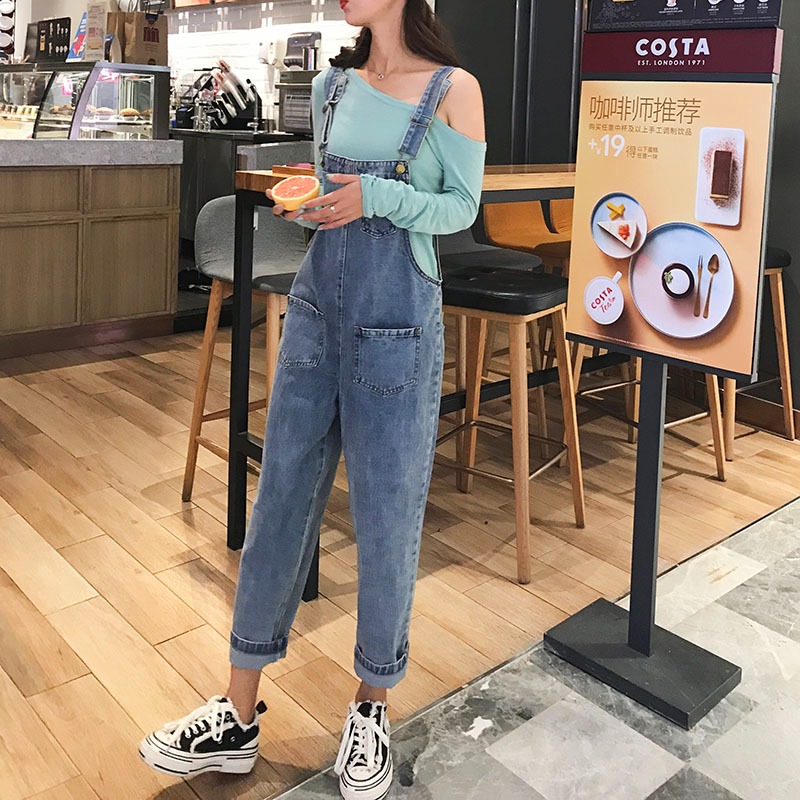 減齡牛仔背帶褲女韓版寬松新款春夏季直筒顯瘦cec褲子女 闊腿-細節圖2