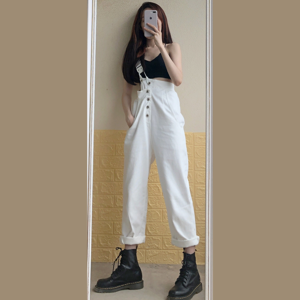 白色牛仔單背帶褲女新款時尚闊腿設計感褲子高腰炸街直筒寬松-細節圖4