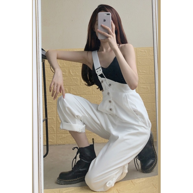 白色牛仔單背帶褲女新款時尚闊腿設計感褲子高腰炸街直筒寬松-細節圖6