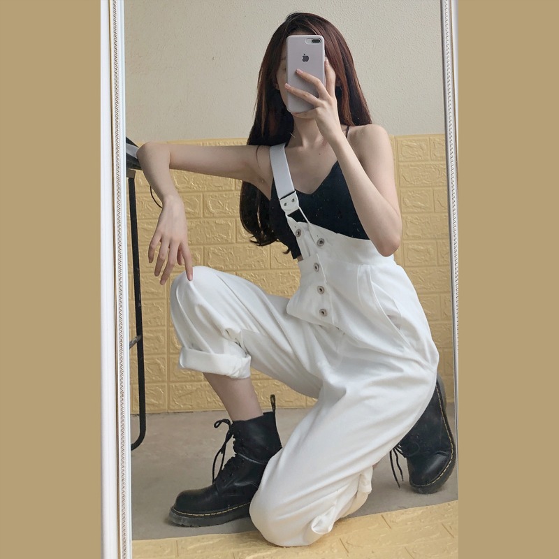 白色牛仔單背帶褲女新款時尚闊腿設計感褲子高腰炸街直筒寬松-細節圖7