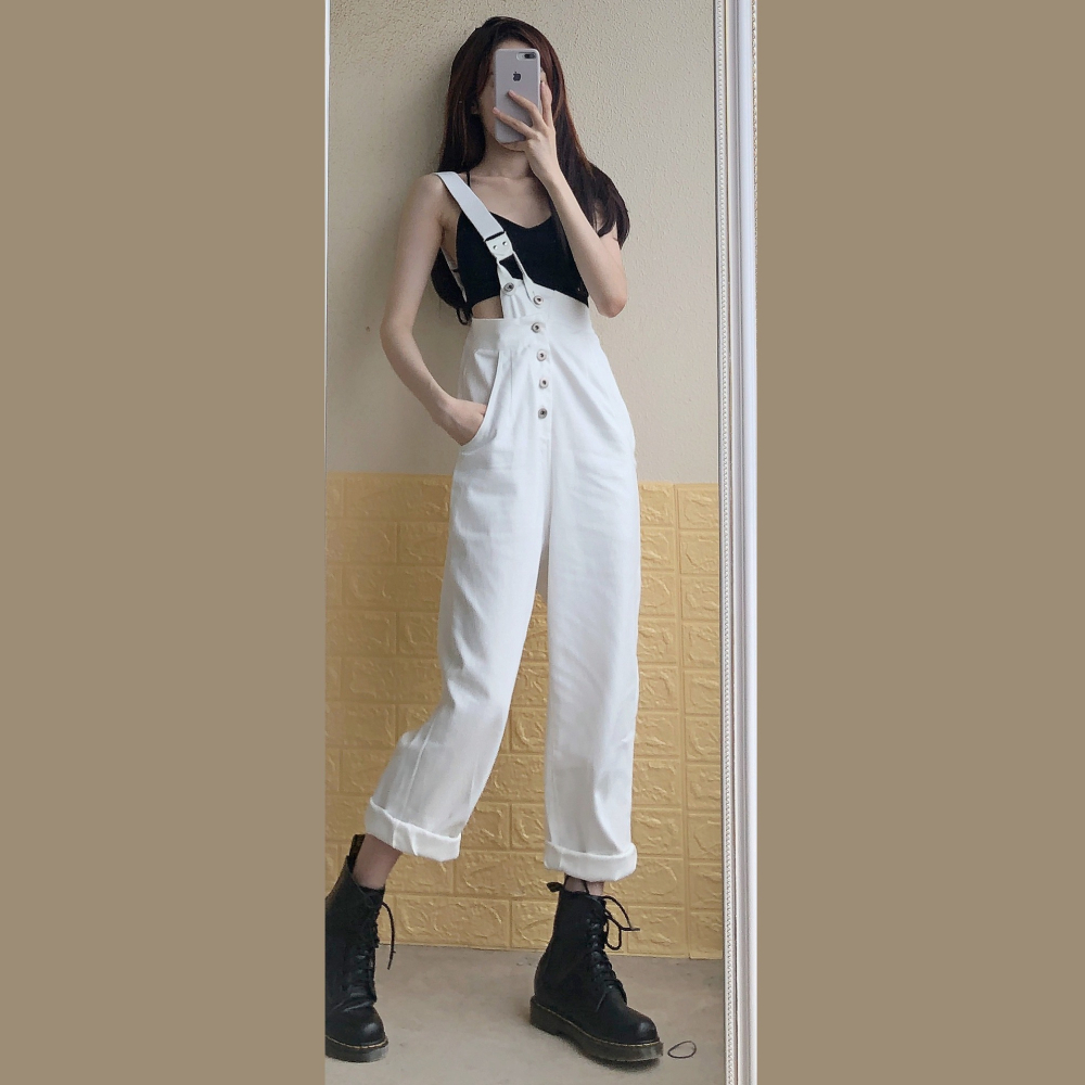 白色牛仔單背帶褲女新款時尚闊腿設計感褲子高腰炸街直筒寬松-細節圖9