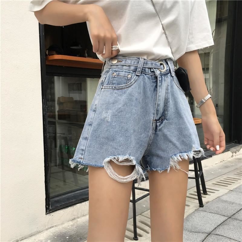 牛仔褲女夏季薄款新款小眾高腰破洞顯瘦寬松闊腿褲設計感短褲-細節圖2