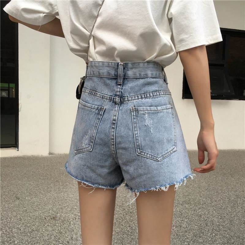 牛仔褲女夏季薄款新款小眾高腰破洞顯瘦寬松闊腿褲設計感短褲-細節圖4
