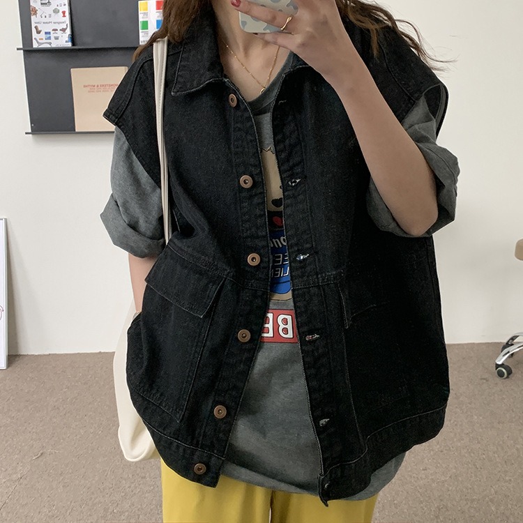 工裝牛仔馬甲女無袖背心坎肩春夏新款韓版寬松百搭馬夾外套潮-細節圖2
