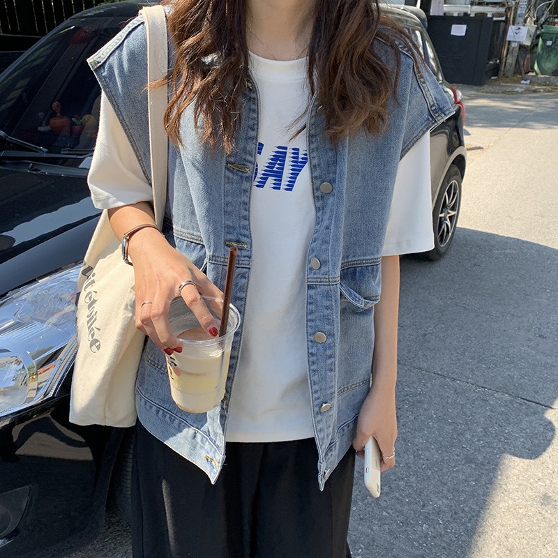 工裝牛仔馬甲女無袖背心坎肩春夏新款韓版寬松百搭馬夾外套潮-細節圖3